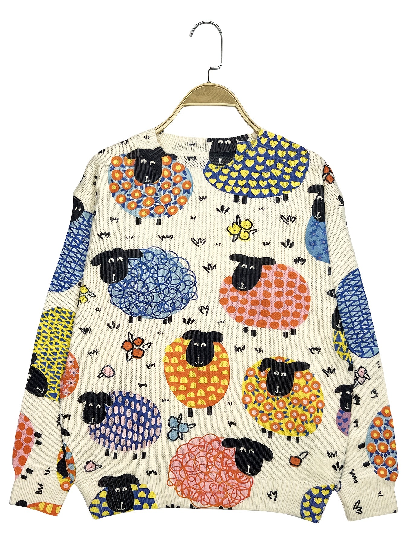 Elegant Sheep Print Long Sleeve Pullover Sweater for Women .