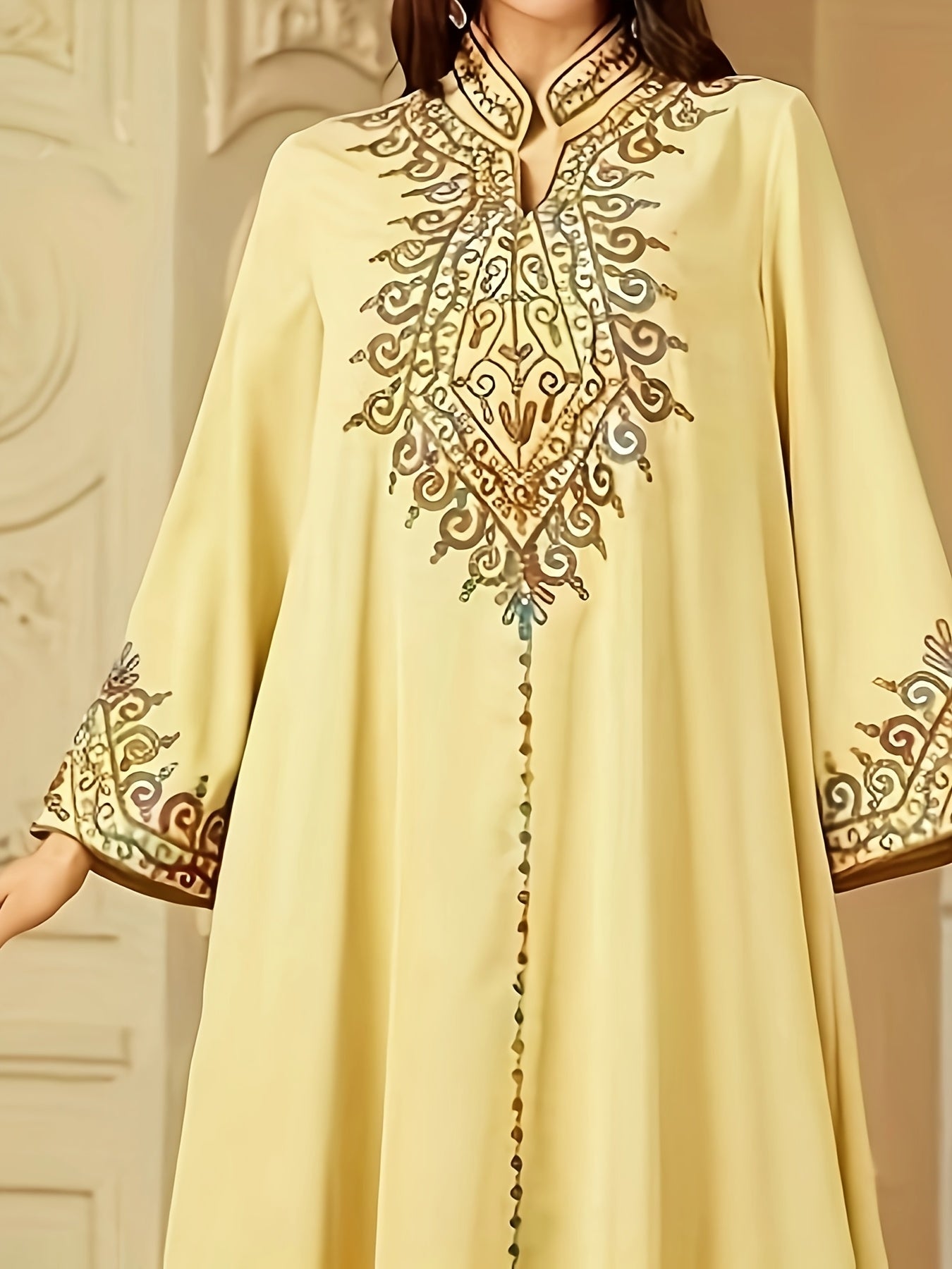 Elegant Light Blue Abaya with Intricate Floral Patterns - Long Sleeve, V-Neck, /MH