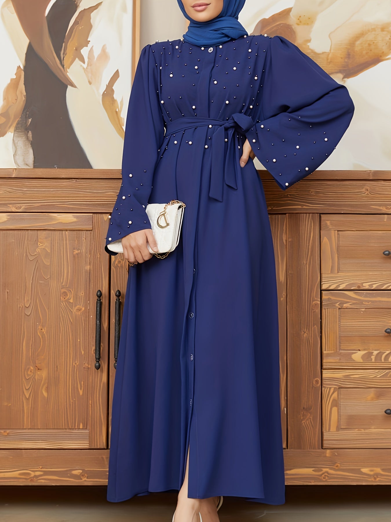 Elegant Navy Blue Abaya with Pearl Embellishments and Belt -/MH