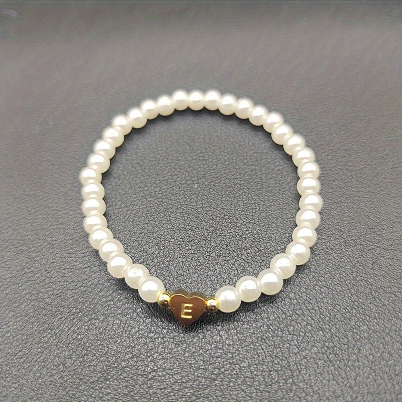 1pc Classic Initial A-Z Lettering Heart Faux Pearl Beaded Bracelet, Elegant Party Jewelry Birthday Gift For Teen Girls