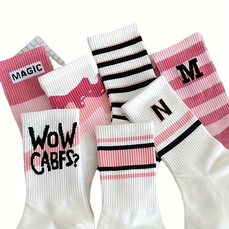 7 Pairs Letter Striped Socks,, Women's Stockings & Hosiery./MH