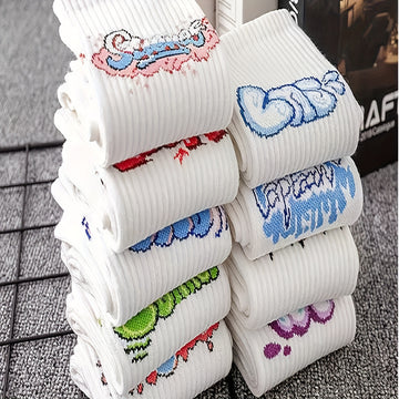 9 Pairs Of Men's Trendy Graffiti Pattern Crew Socks./MH