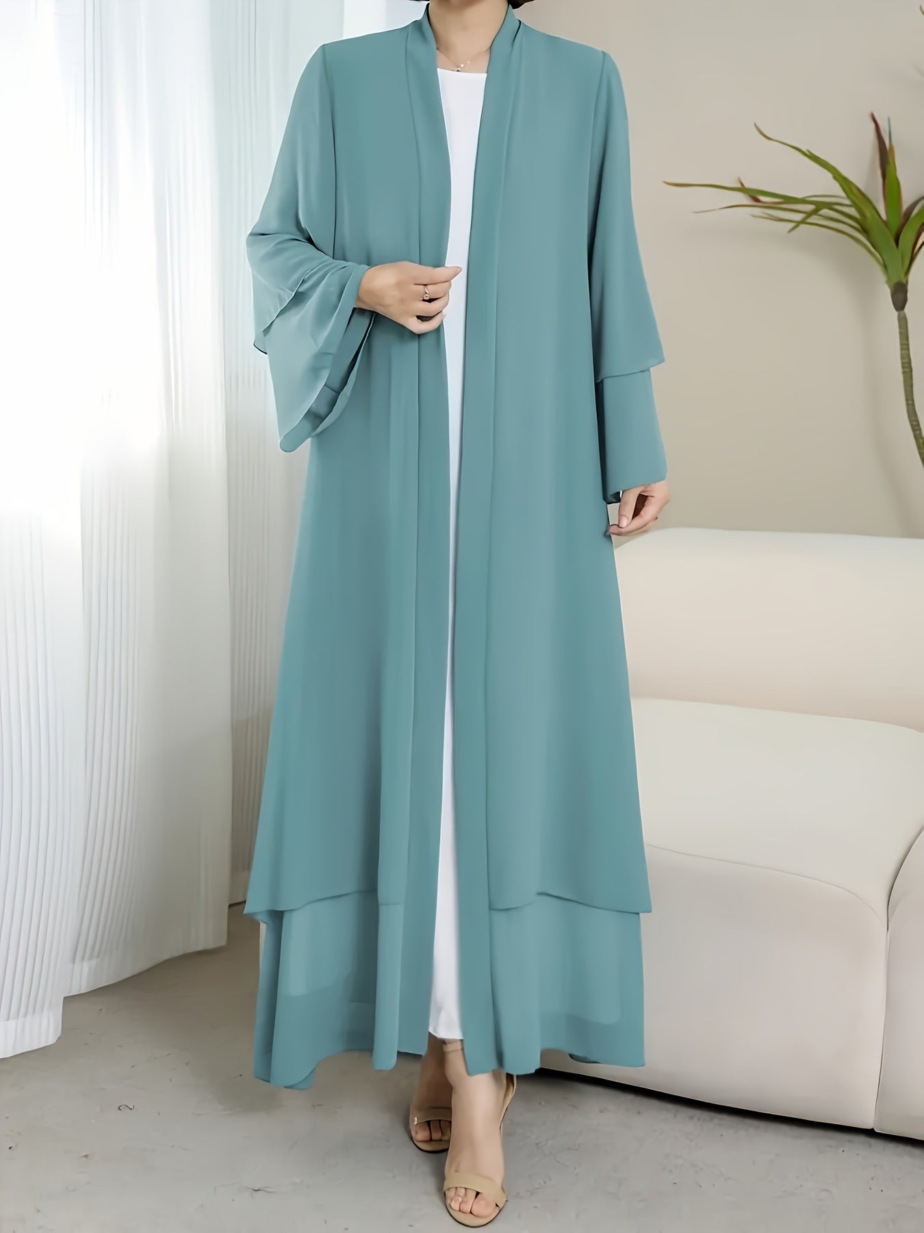 Solid Color Tie Waist Modest Dress, Elegant Layered Hem Maxi '/MH