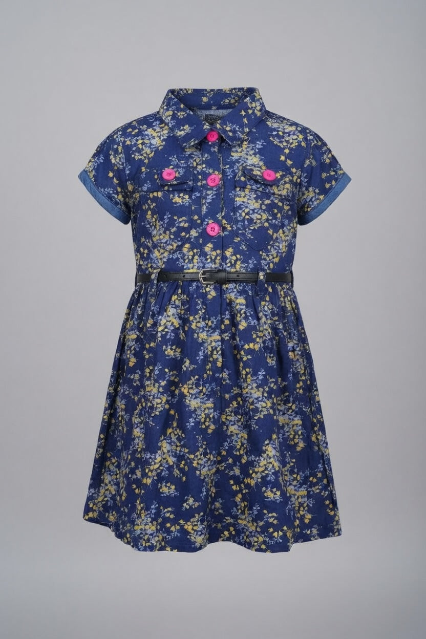 Girls' Navy Floral Short Sleeve Dress – Cotton A-Line Summer Dress with Belt | Sizes (2-12 Years) | MH