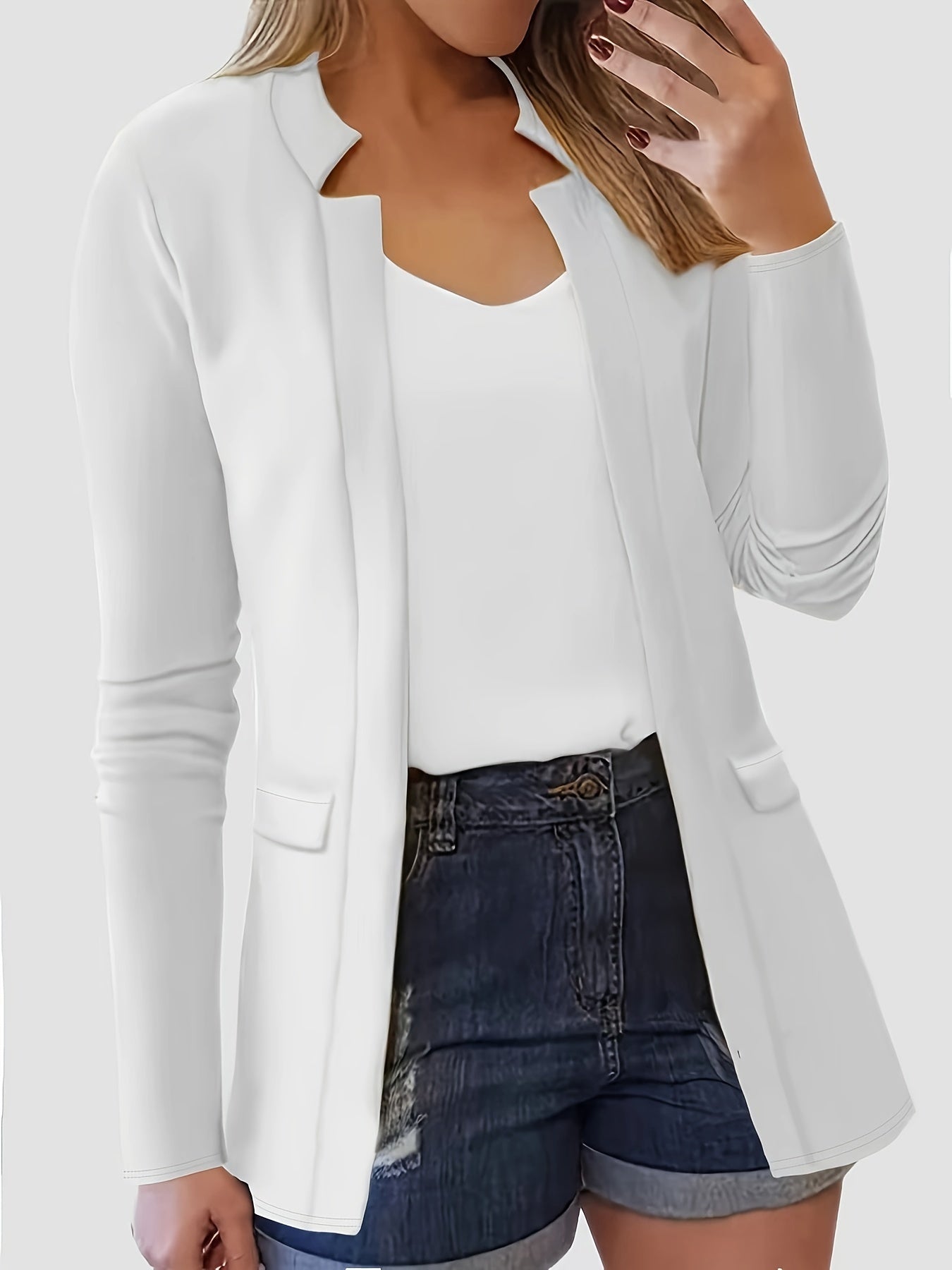Solid Open Front Blazer, Casual Long Sleeve Blazer For Office,