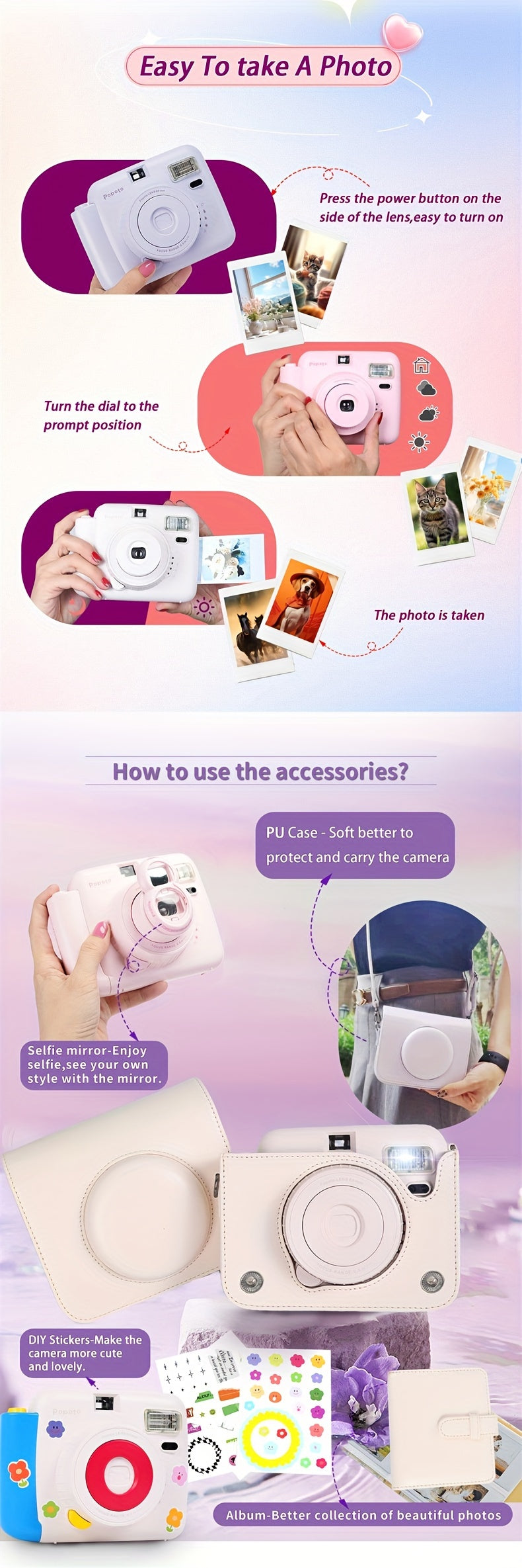 Popoto Instant Camera Gift Set with PU Case - Flash-Enabled, Battery-Free Photography Kit for Outdoor Parties (Camera & Accessories Included, No Batteries or Film)