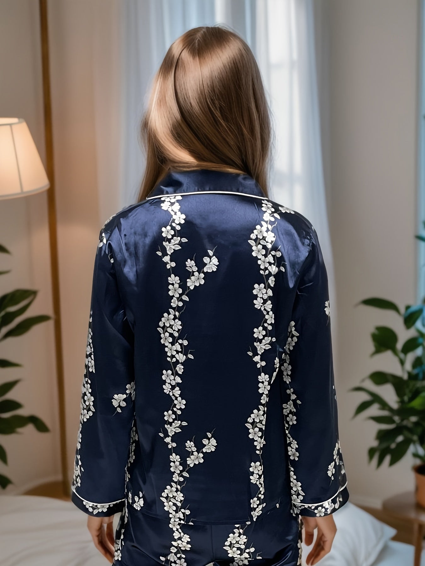 Floral Print Sleep Set, Long Sleeve Button Up Blouse .