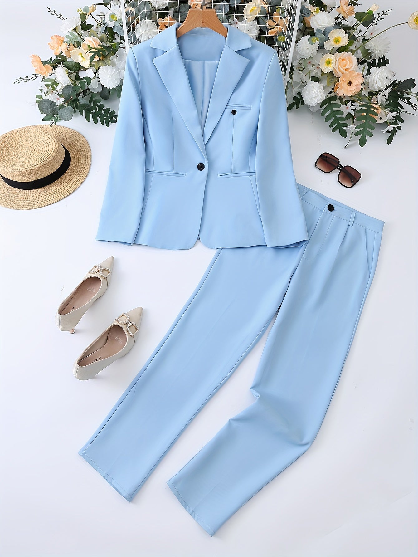 Plain Color Elegant Suit Set, Single Breasted Long Sleeve Blazer.