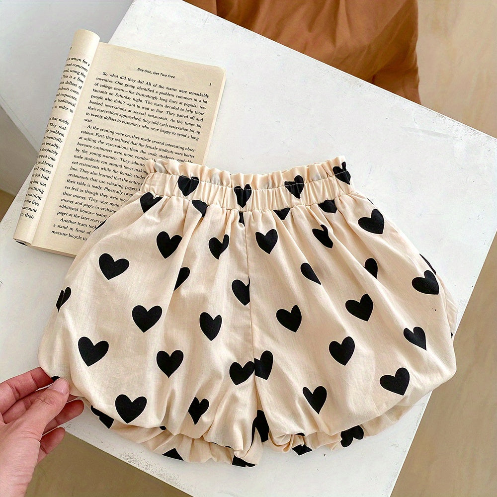 Baby Cotton Sleeveless Bowknot Decor Cami Top+Apricot Love Print Shorts 2pcs Set For Toddler Girls
