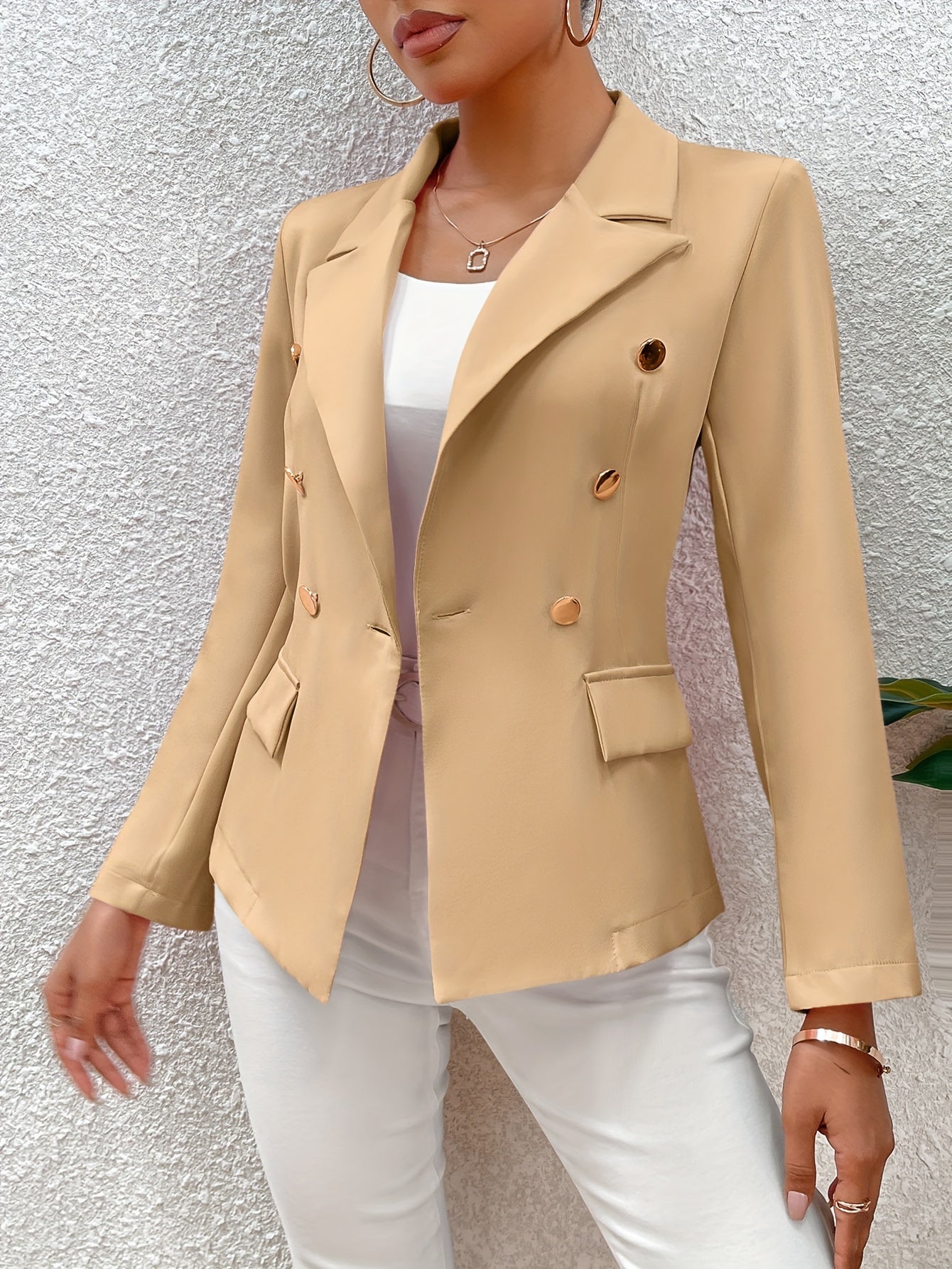 Solid Color Open Front Blazer, Elegant Lapel Neck Double Breasted.