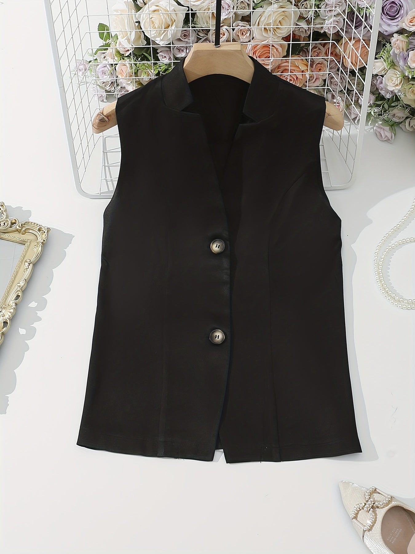 Solid Button Front Blazer, Elegant Sleeveless Blazer For Office,
