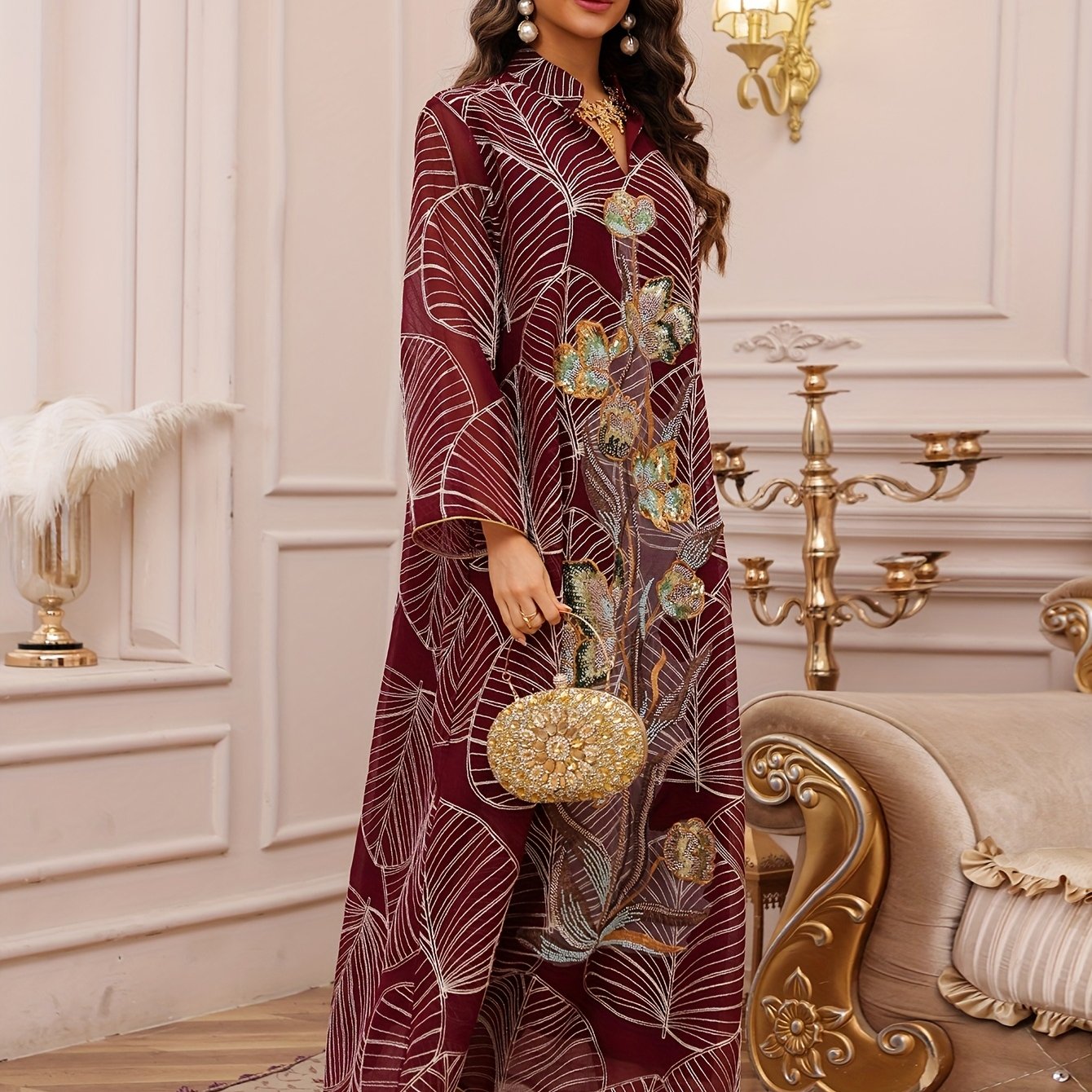 Elegant Women'S Sequin Mesh Kaftan Dress - Long Sleeve,/MH