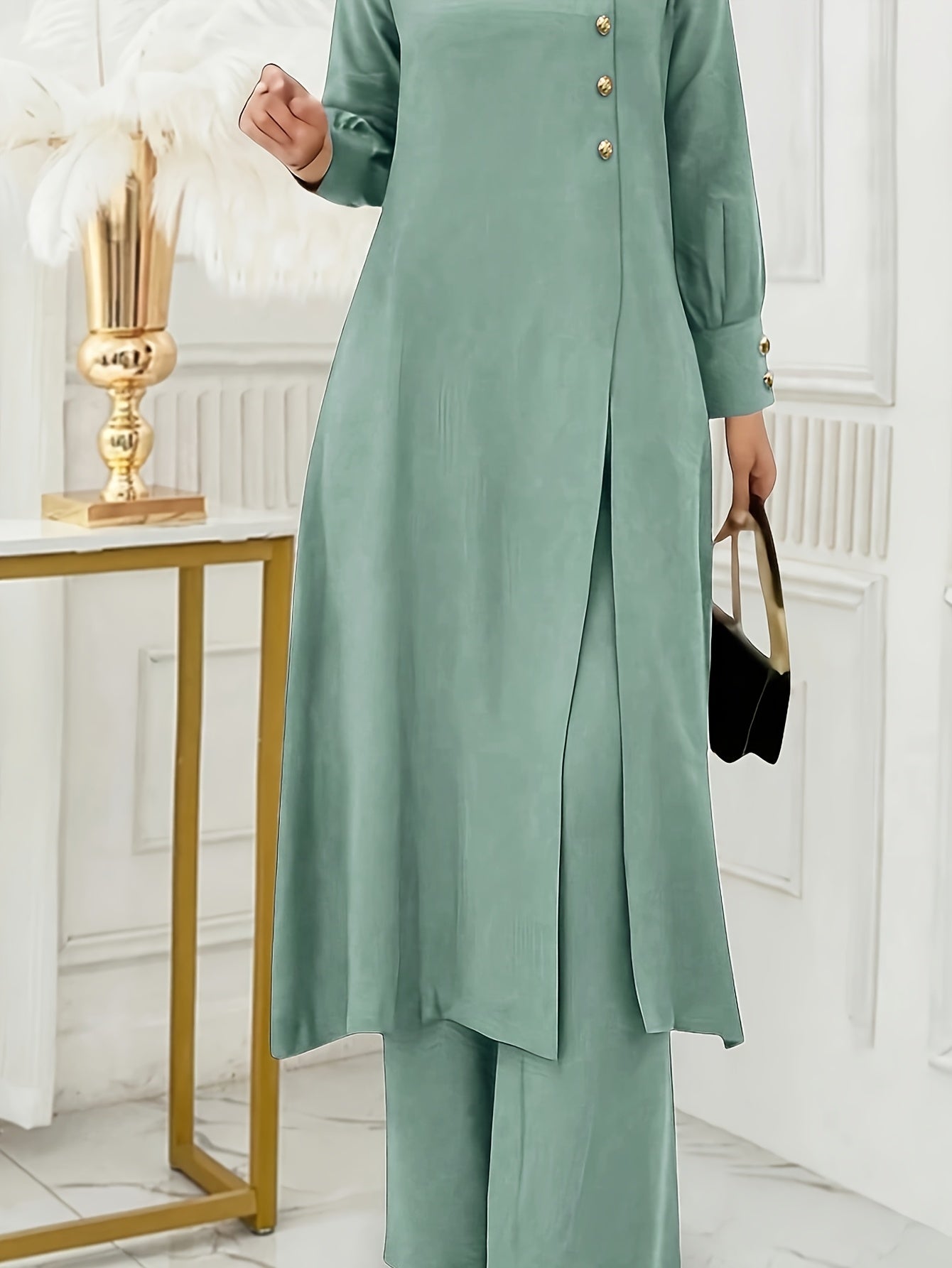Solid Color Button Design Long Sleeve Top and Pants Set, Arabic Style,/MH