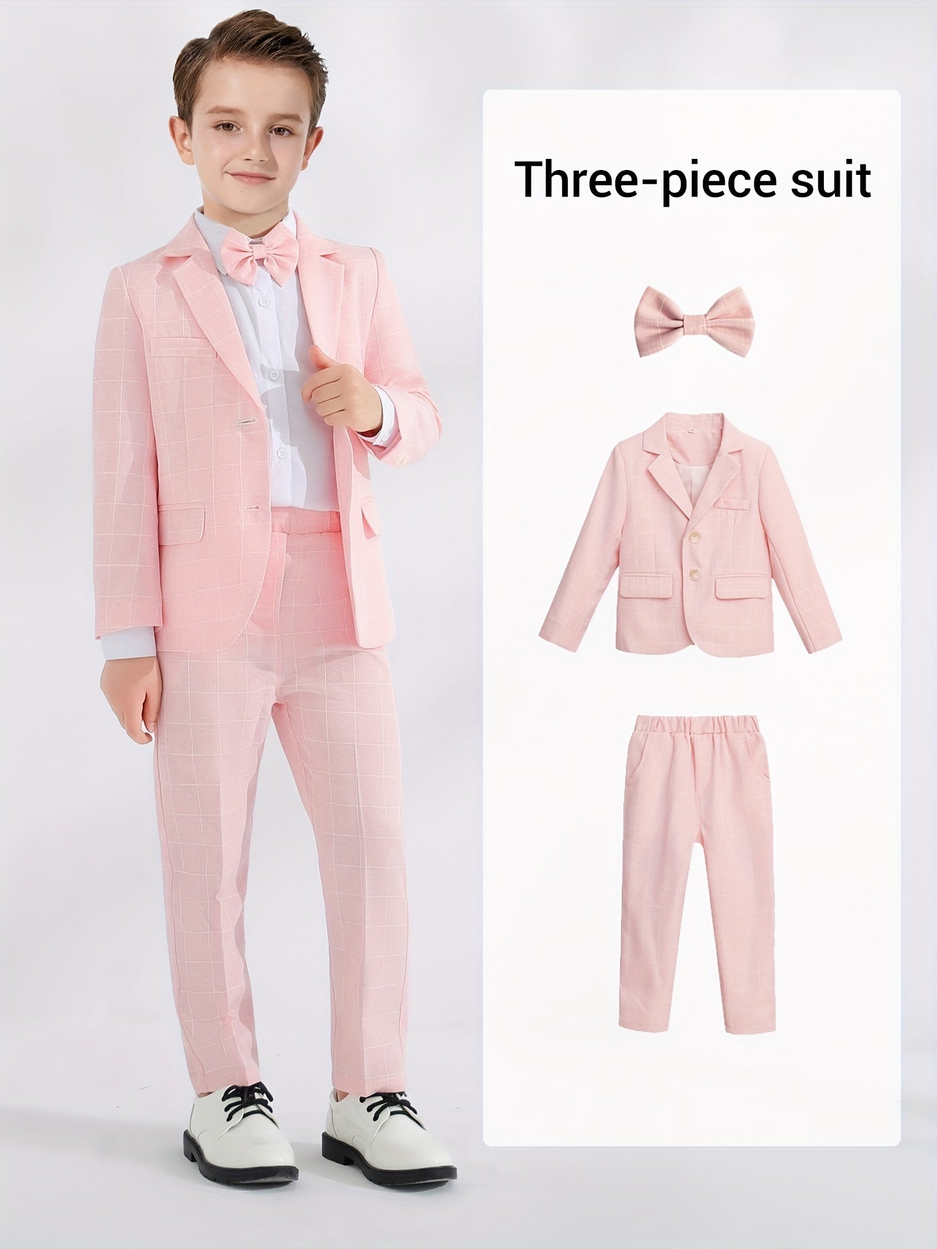 3pcs Boys Formal Plaid Gentleman Outfits, Long Sleeve Blazer.