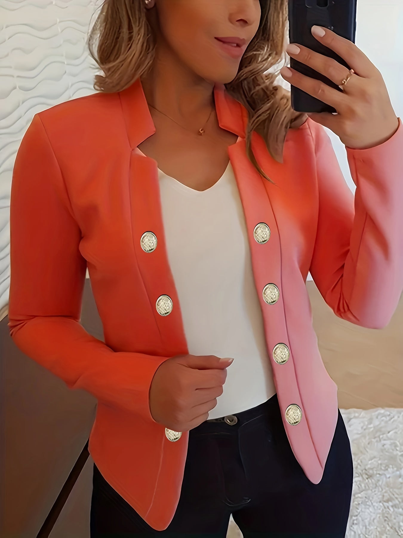 Button Decor Open Front Blazer, Casual Long Sleeve.