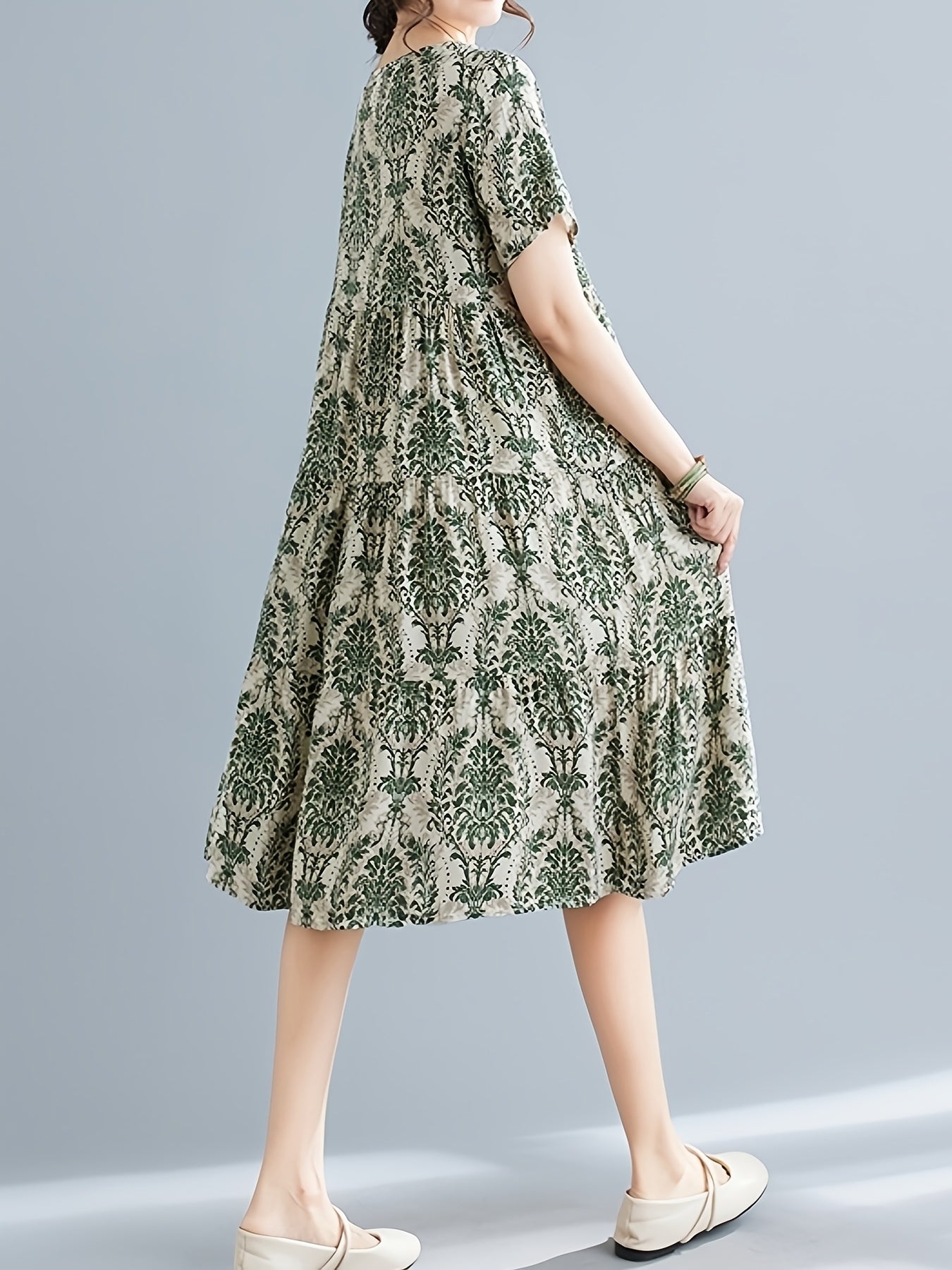 Paisley Print Crew Neck Dress, Casual Short Sleeve Loose Fit Dress./MH