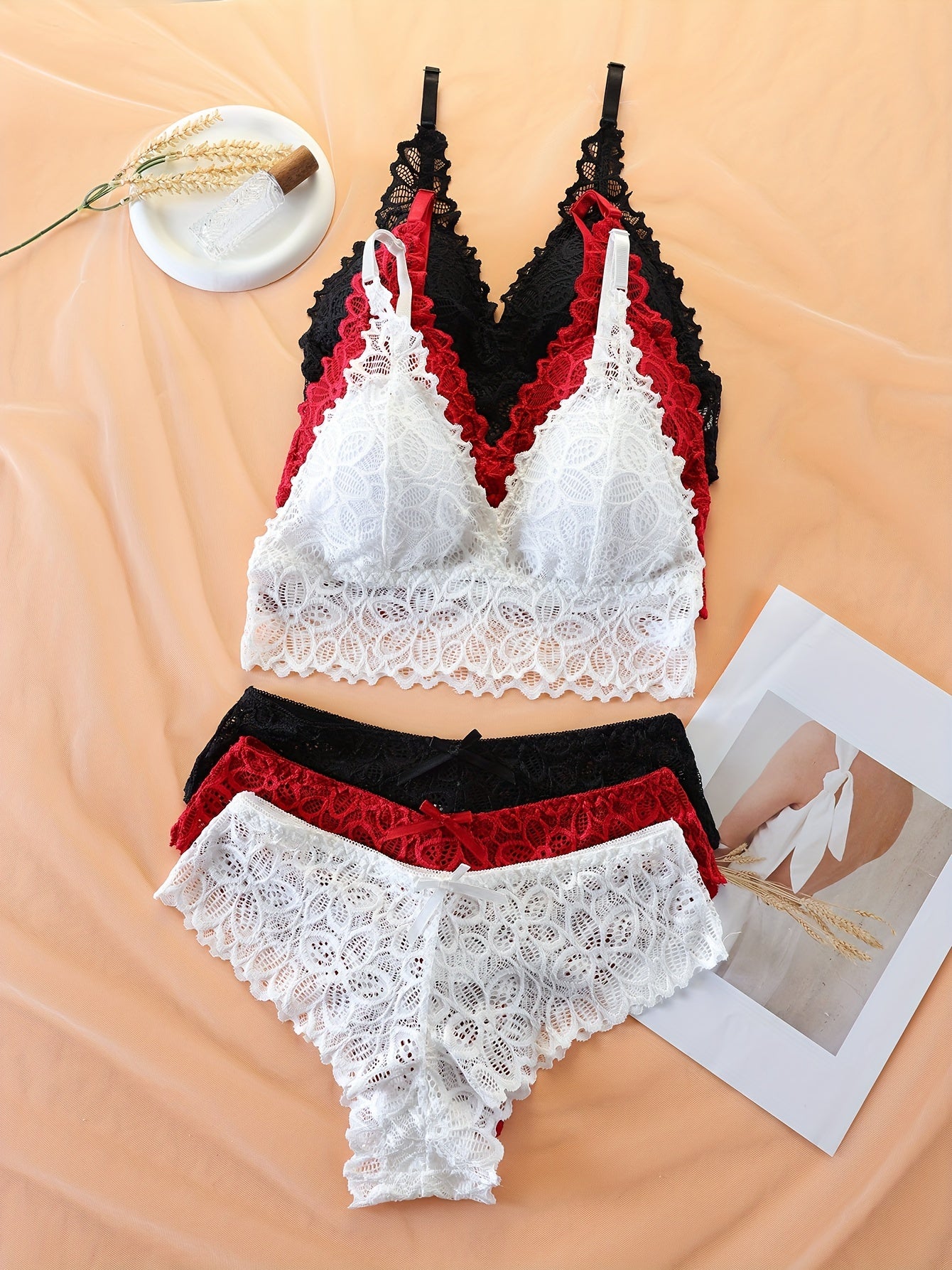 3 Sets Floral Lace Bra & Panties, Wireless Push Up Bra ./MH