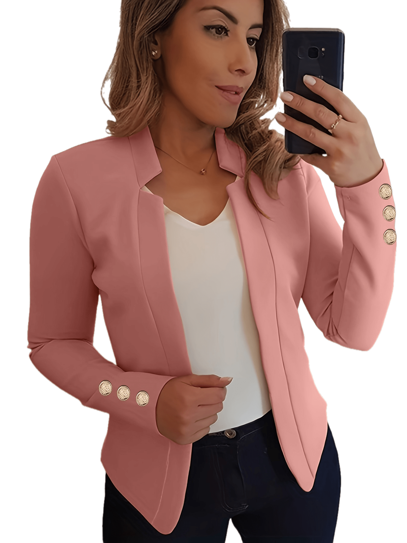 Solid Open Front Button Decor Blazer, Elegant Long Sleeve Blazer.