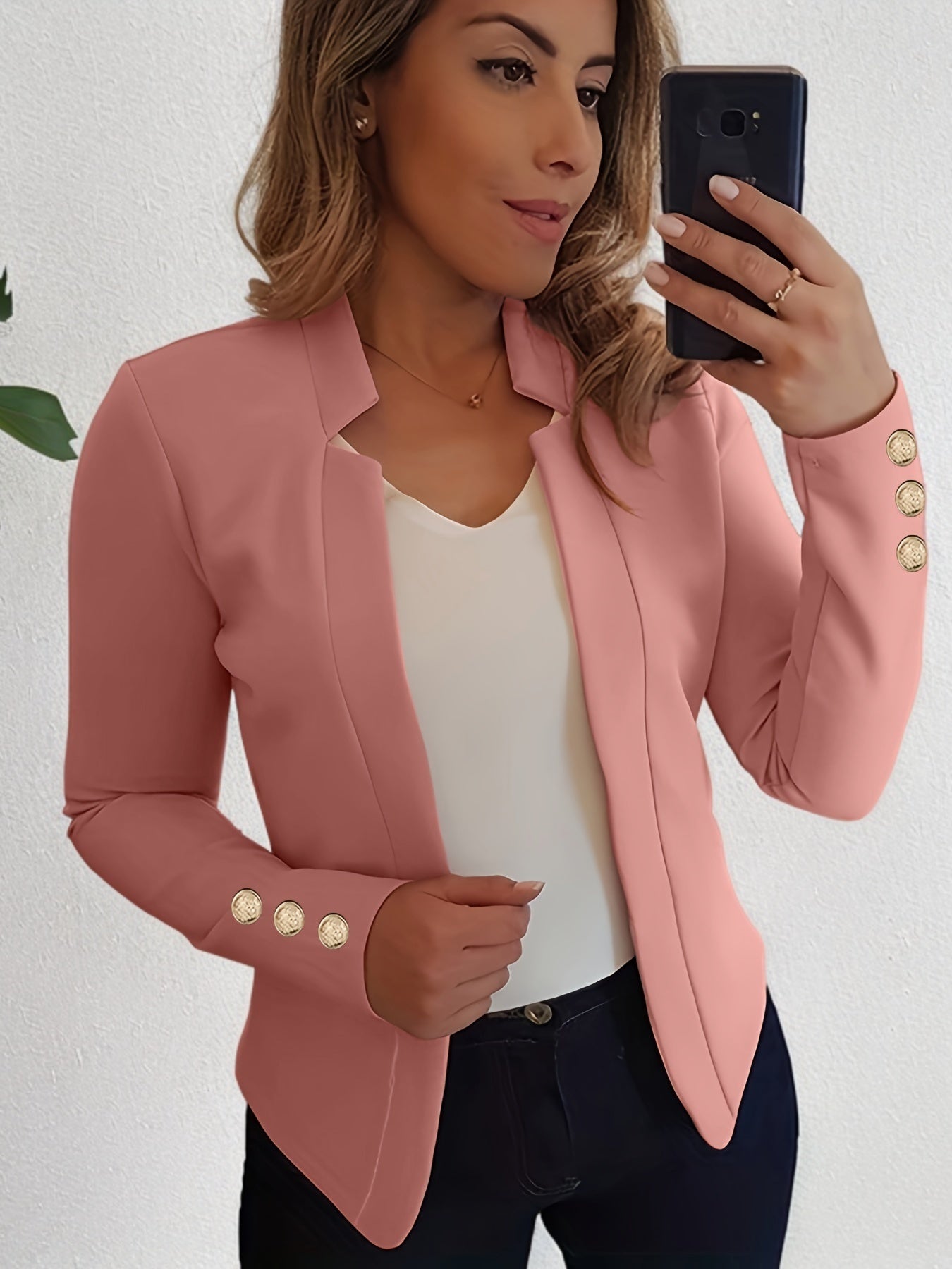 Solid Open Front Button Decor Blazer, Elegant Long Sleeve Blazer.