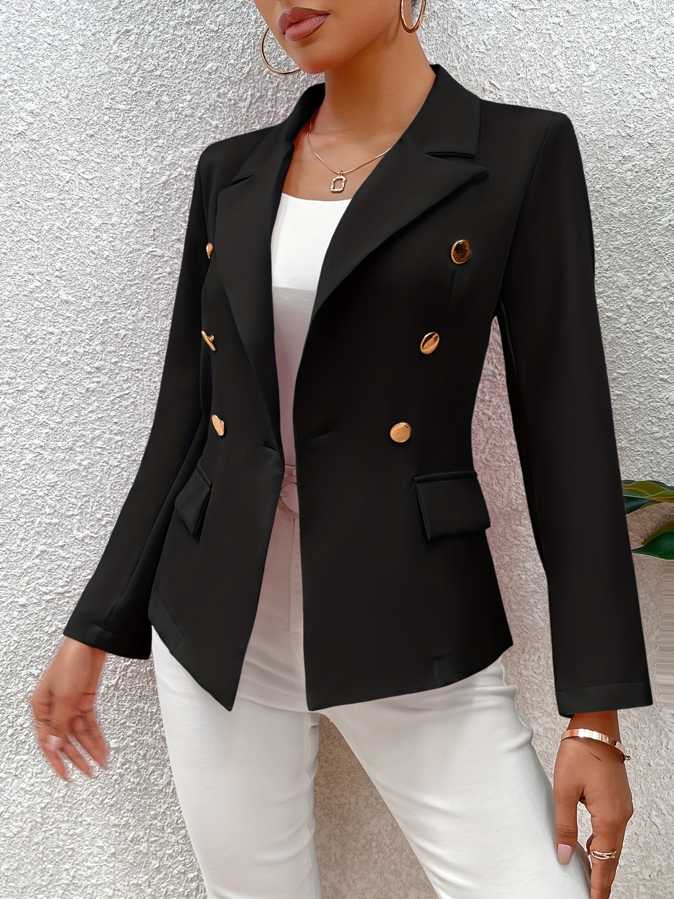 Solid Color Open Front Blazer, Elegant Lapel Neck Double Breasted.