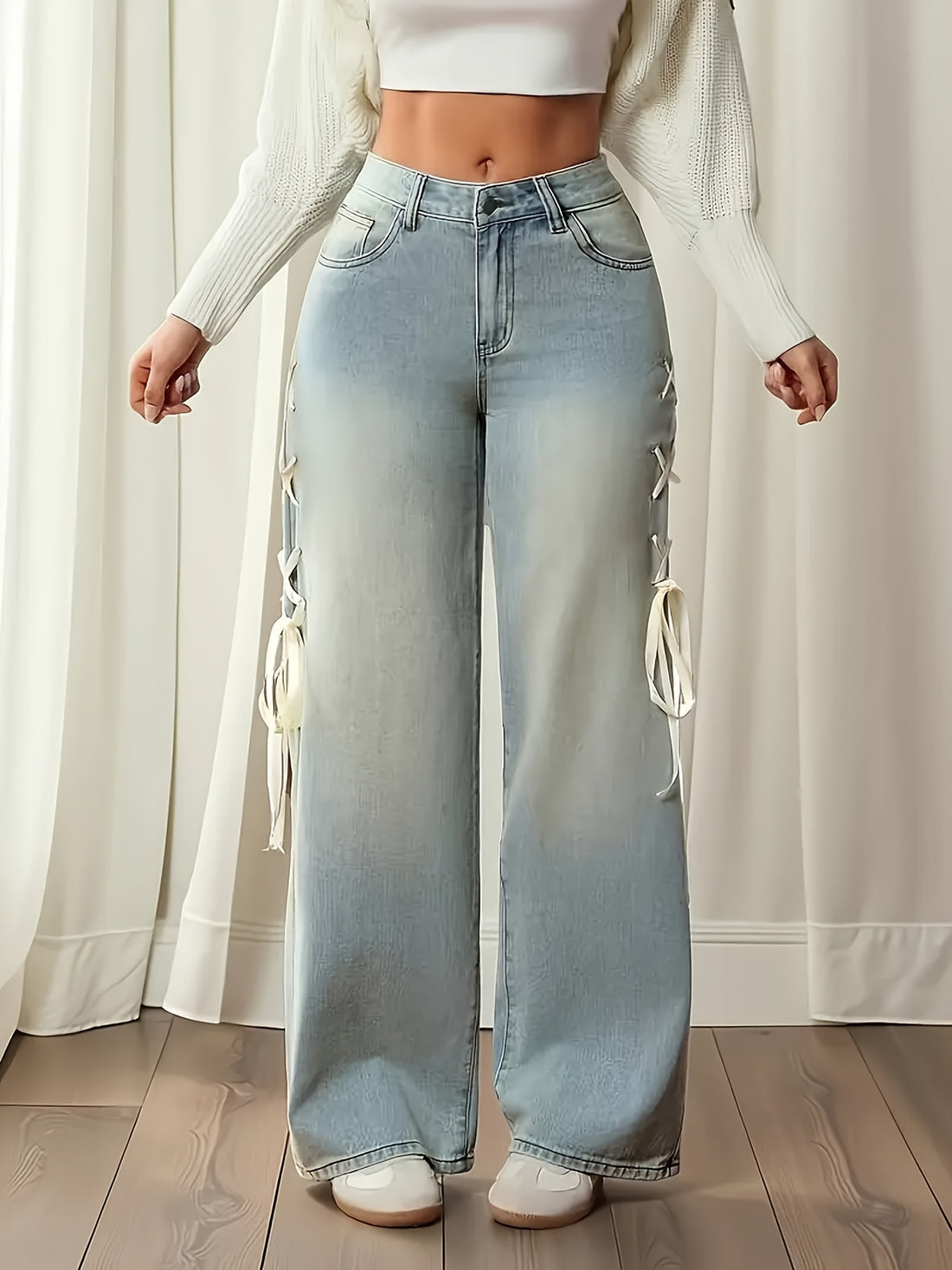 Side Bow Tie Straight-Leg Casual Jeans for Women