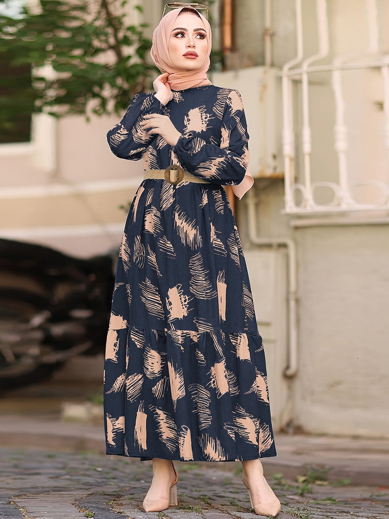 All Over Print Crew Neck Kaftan, Casual Long Sleeve Maxi Dress,/MH