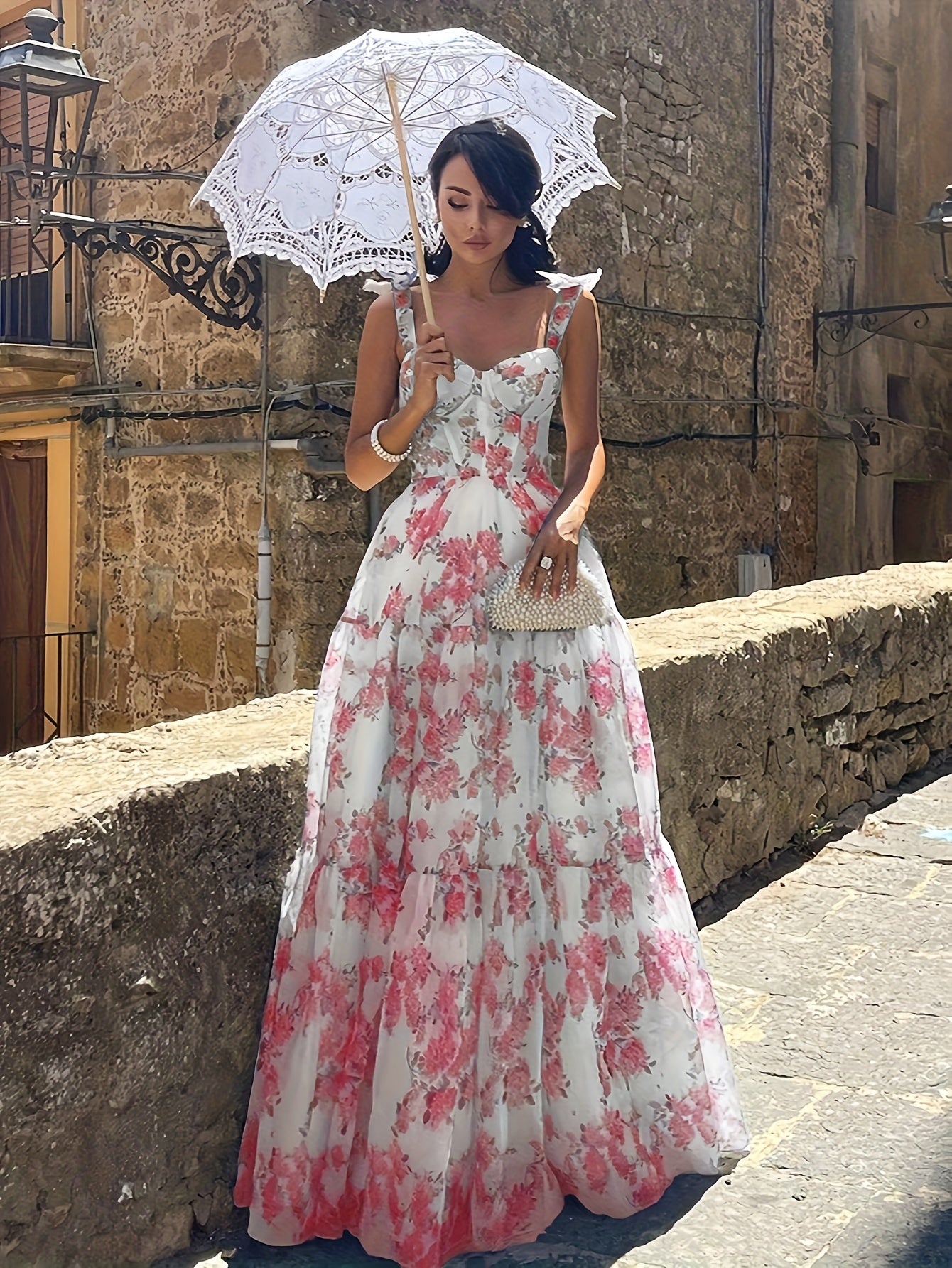 Elegant French Floral Off-Shoulder Long Dress - /MH