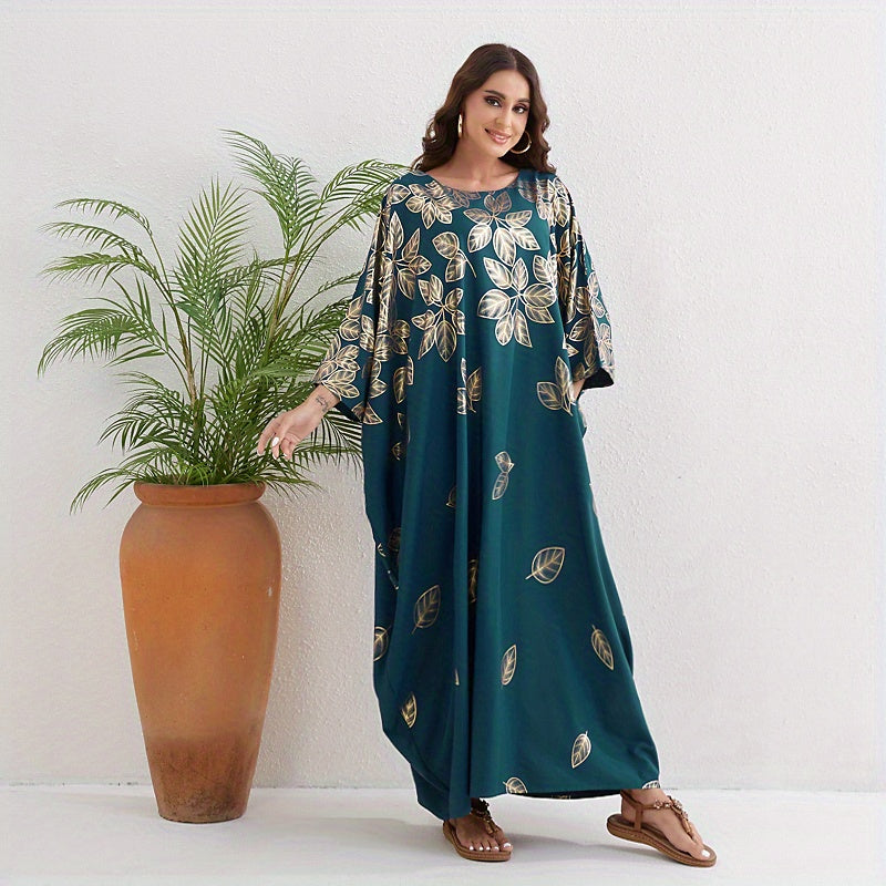 Leaf Print Crew Neck Kaftan, Elegant Batwing Sleeve'/MH