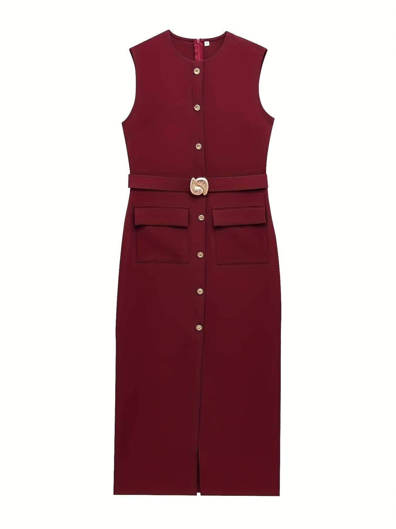 Elegant Women's Black Sleeveless Dress with Waist Belt & Faux Buttons ./MH
