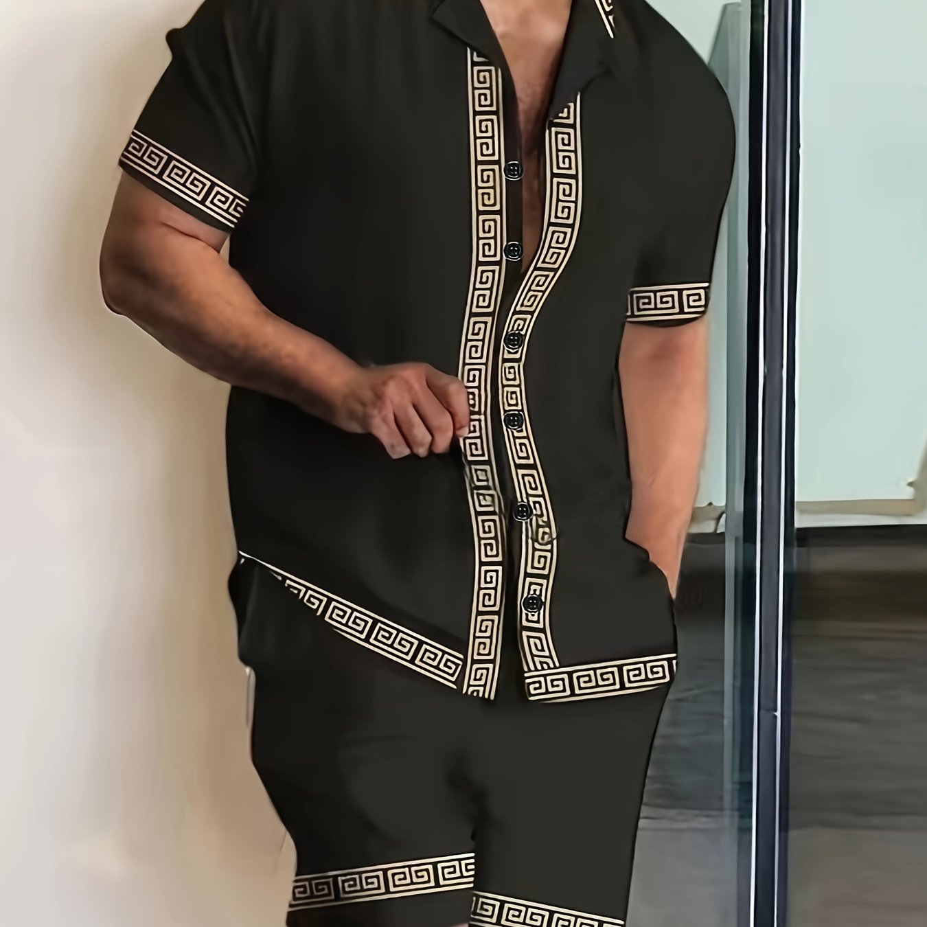 Elegant Men's 2Pcs Outfits, Casual Lapel Button Up Short Sleeve.