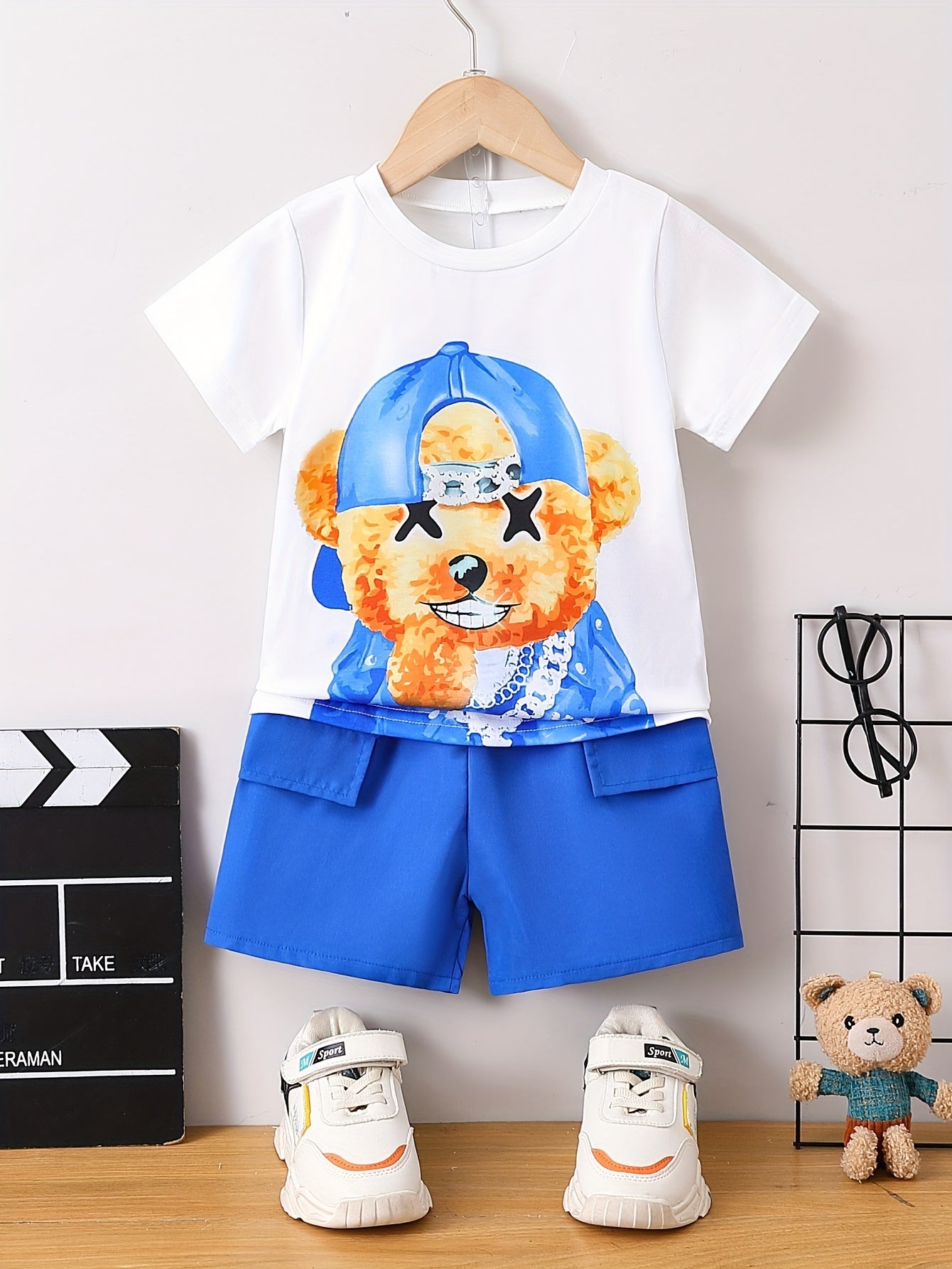 2pcs Boys Casual Cute Teddy Bear Graphic Print Short Sleeve T-shirt.