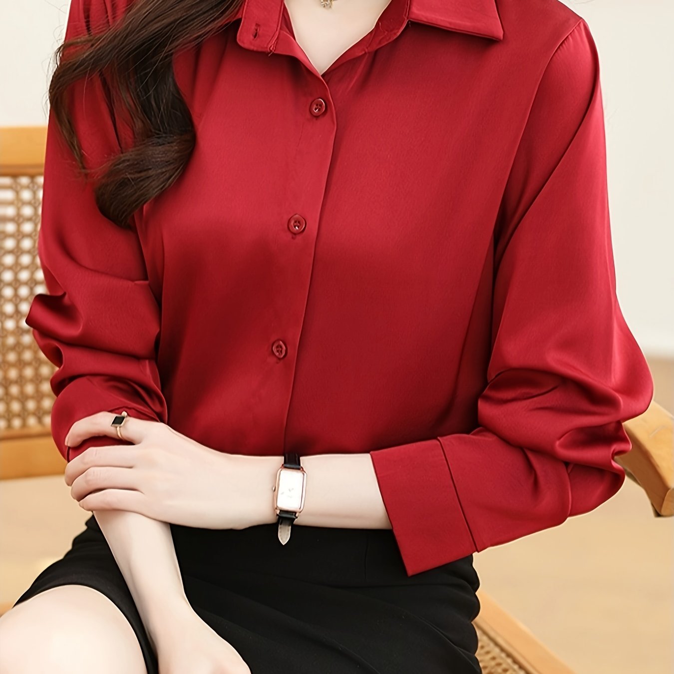 Luxury Feel Wrinkle-Resistant Satin Shirt for Women | Solid Color