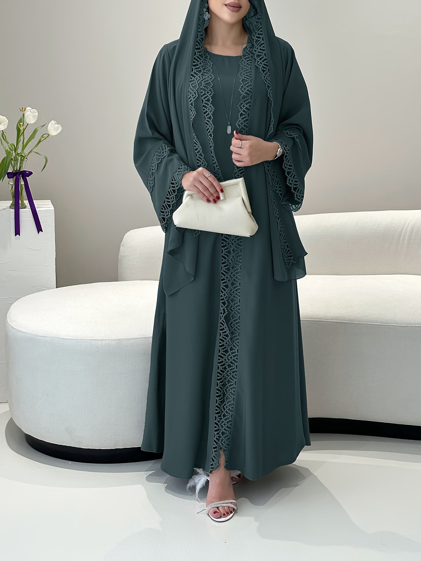 2pcs Set with Lace Trim Muslim Kaftan Plus Sleeveless Vest Skirt, / MH