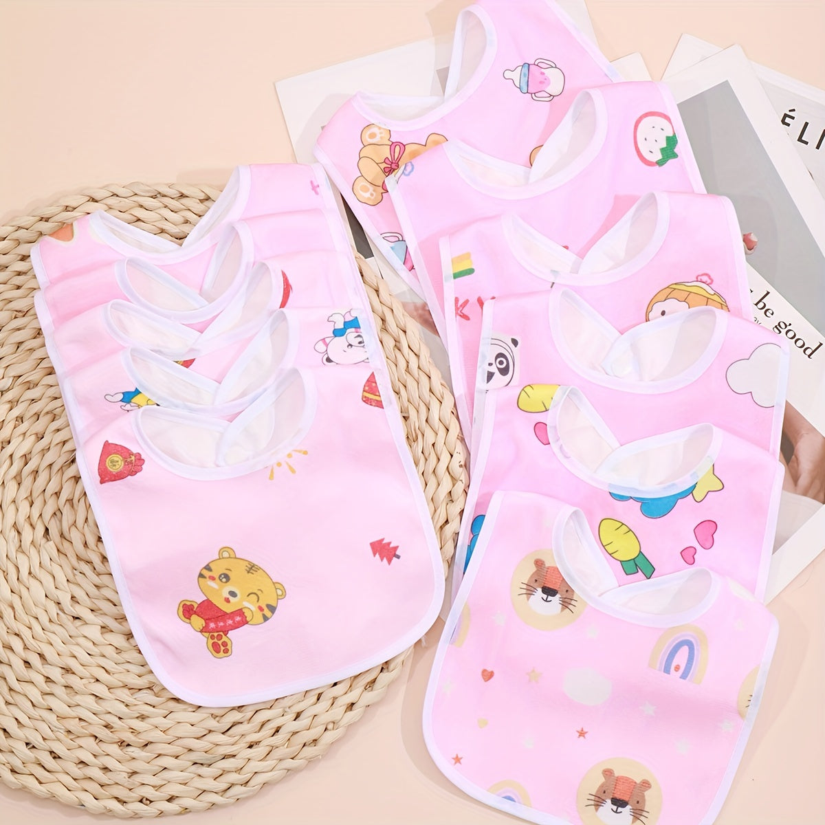 5pcs/8pcs Random Pattern Pink Blue Yellow Series Baby Cotton Feeding Bibs, Newborn Waterproof Cute Bib Easter Gift