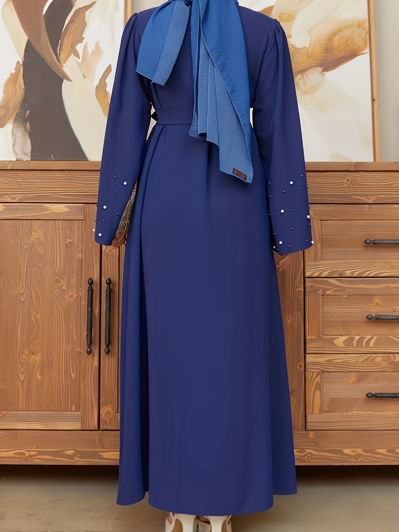Elegant Navy Blue Abaya with Pearl Embellishments and Belt -/MH