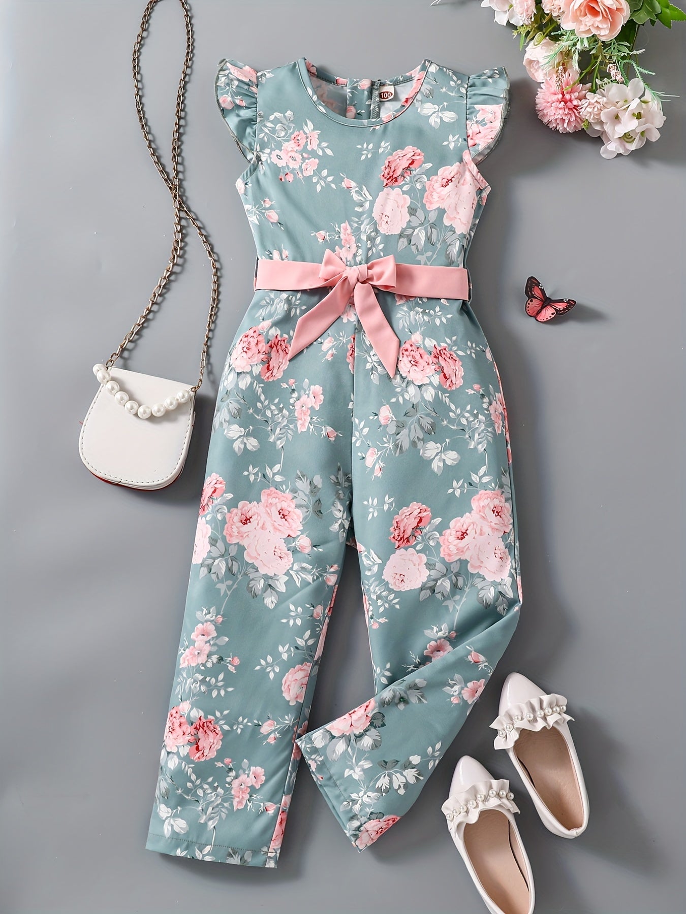 Toddler Girls Flowers Graphic Flutter Sleeve Belted Rompers Wide.