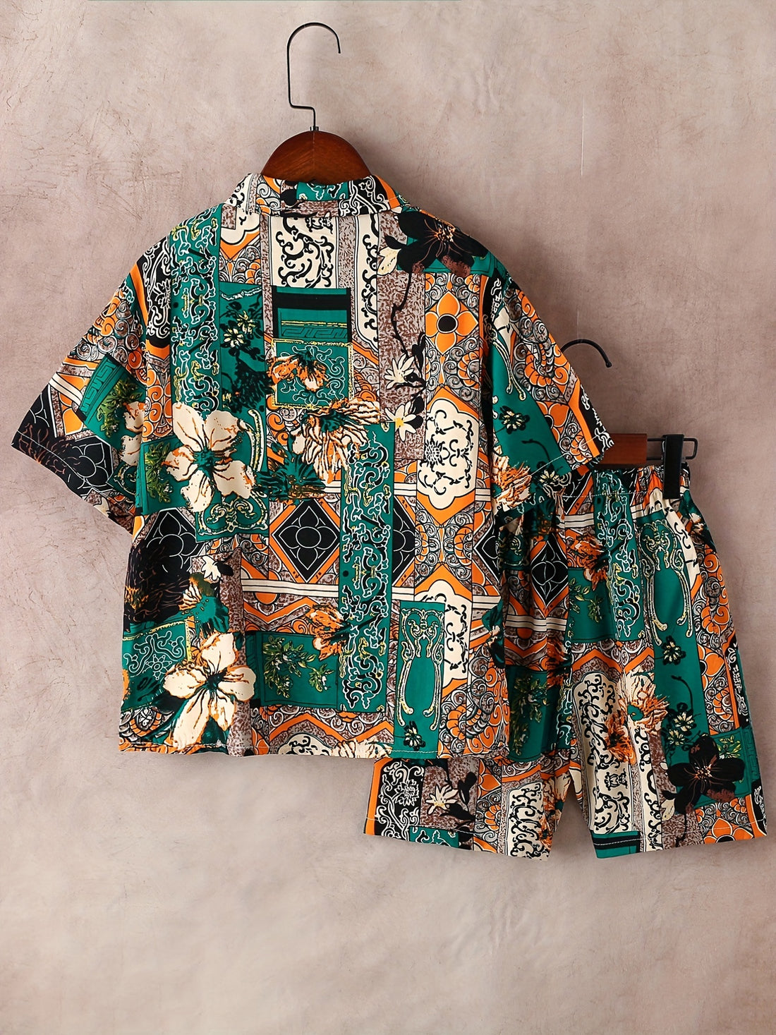 Boys Flower Print Outfit Short Sleeves Button Down Shirt .