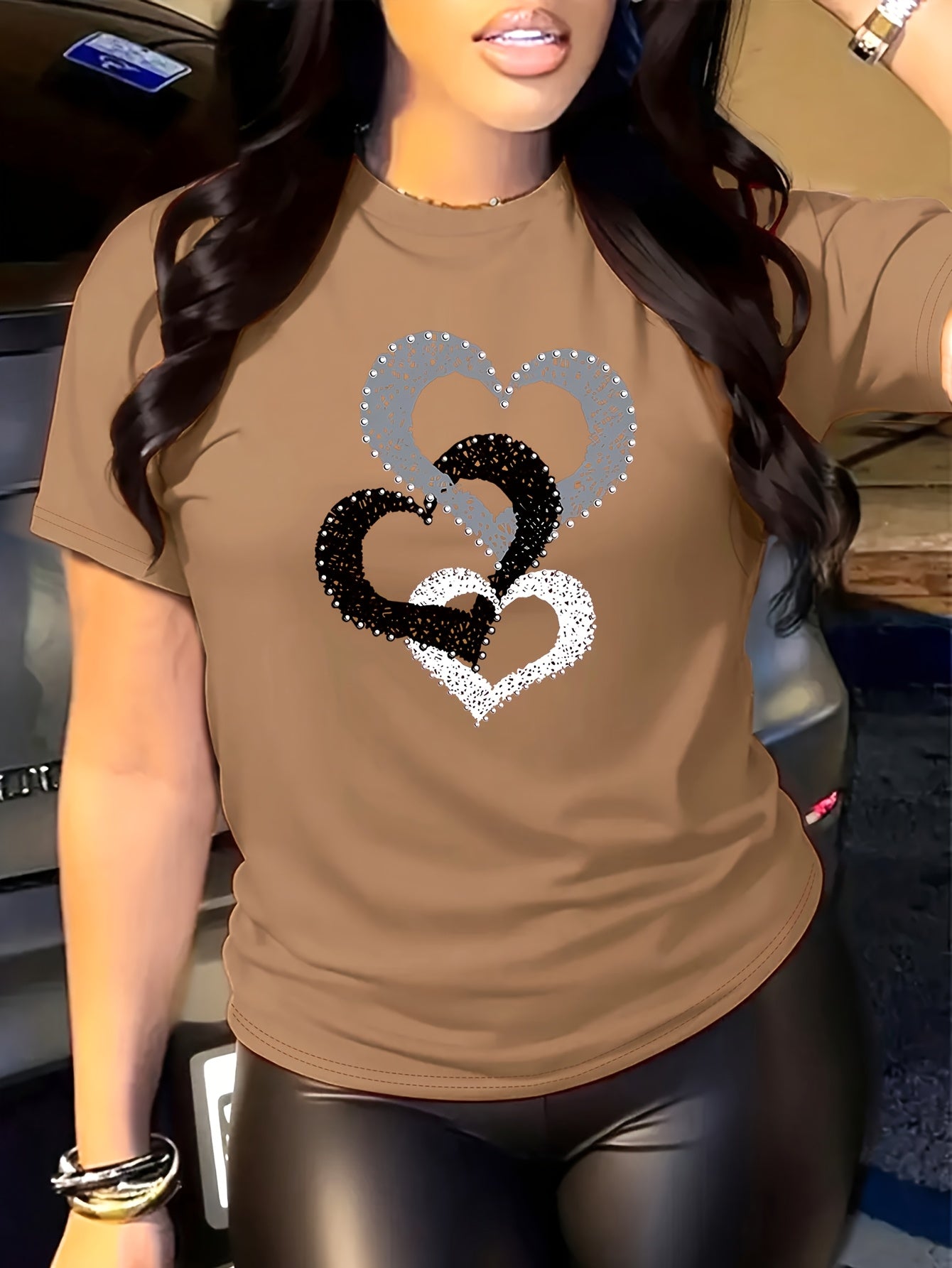 Women's Casual Short Sleeve T-Shirt with Overlapping Heart Print.