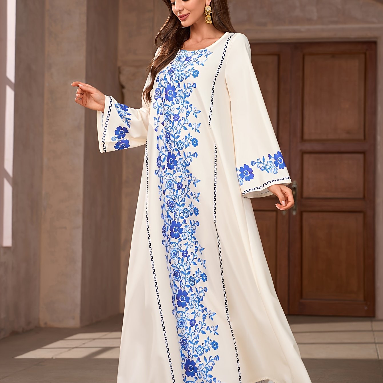 Floral Print Crew Neck Kaftan Dress, Elegant Long Sleeve 'MH