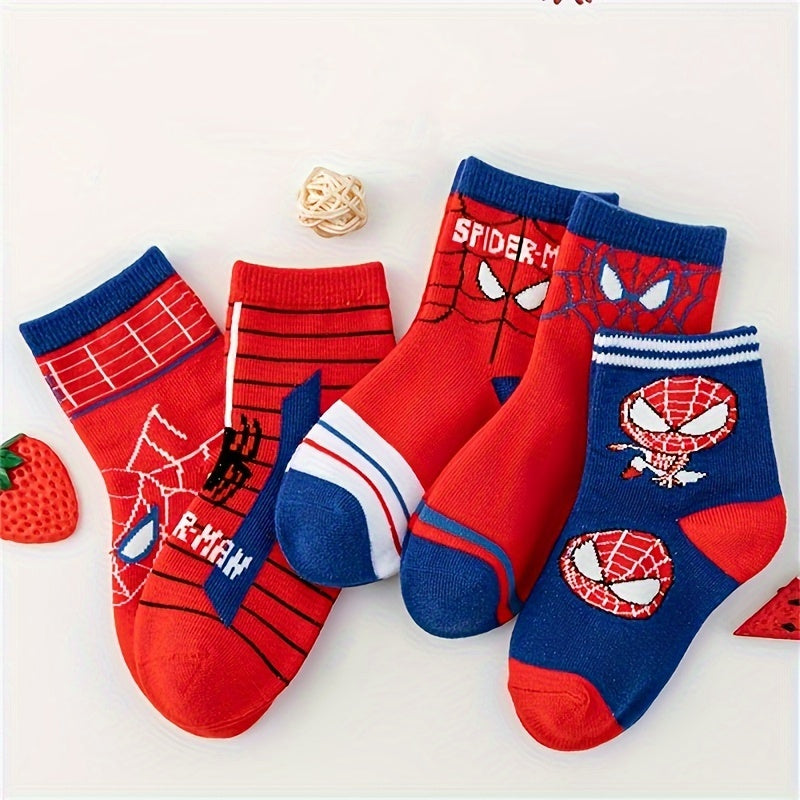 5 Pairs Of Boy's Cotton Spiderman Cartoon Design Crew Socks, /MH