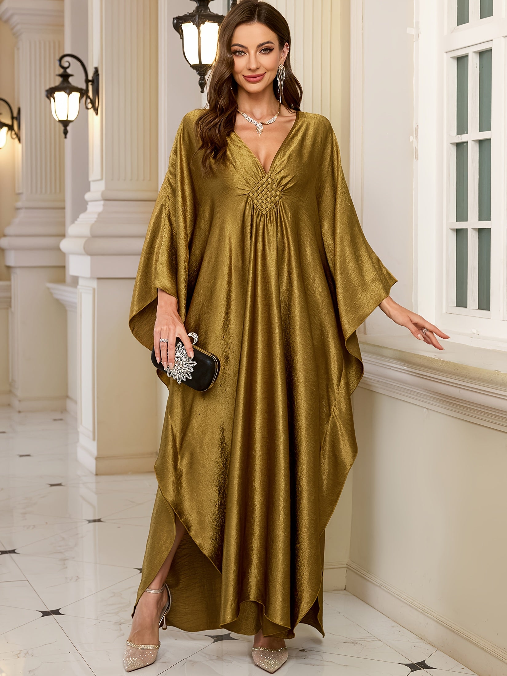 EDOLYNSA Women's Olive Green V-Neck Batwing Sleeve Kaftan ./MH
