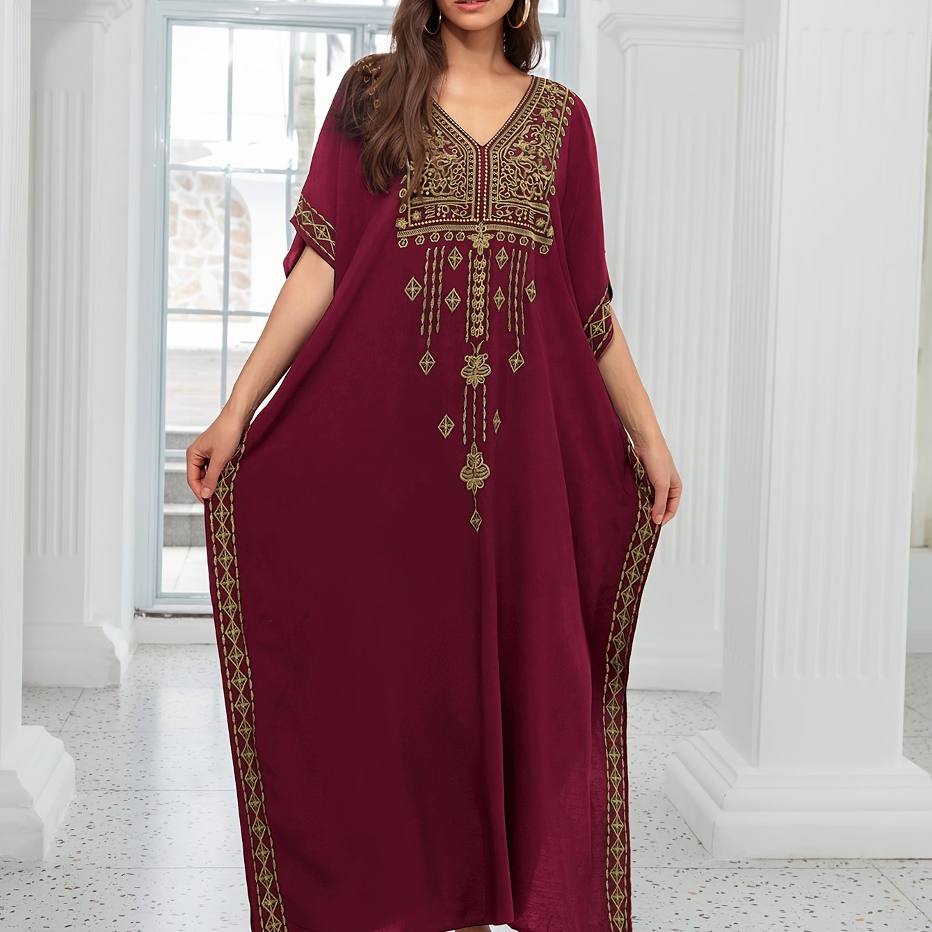 EDOLYNSA Sexy Red Geometric Embroidered Kaftan | V-Neck women fashion'/MH