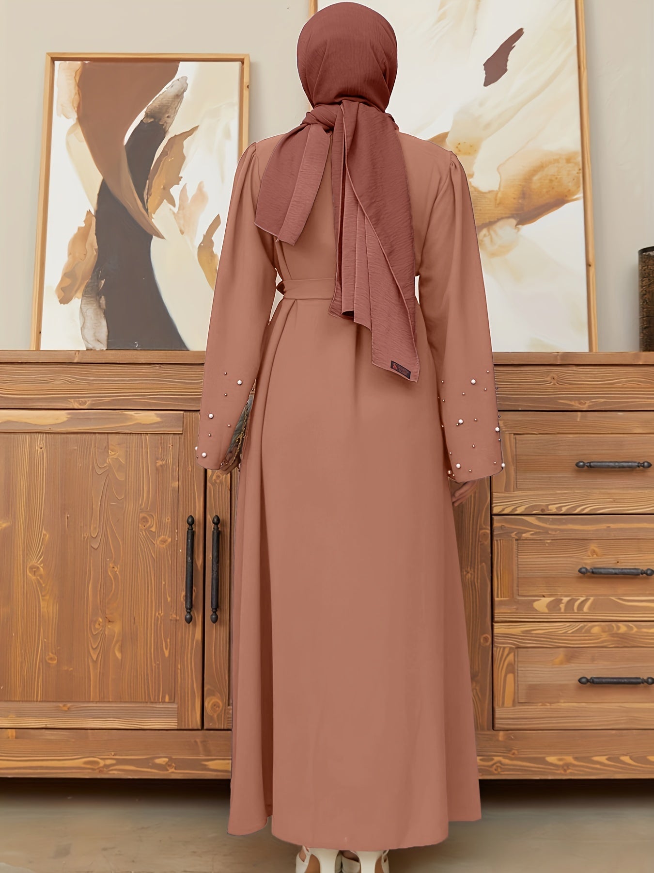 Elegant Navy Blue Abaya with Pearl Embellishments and Belt -/MH