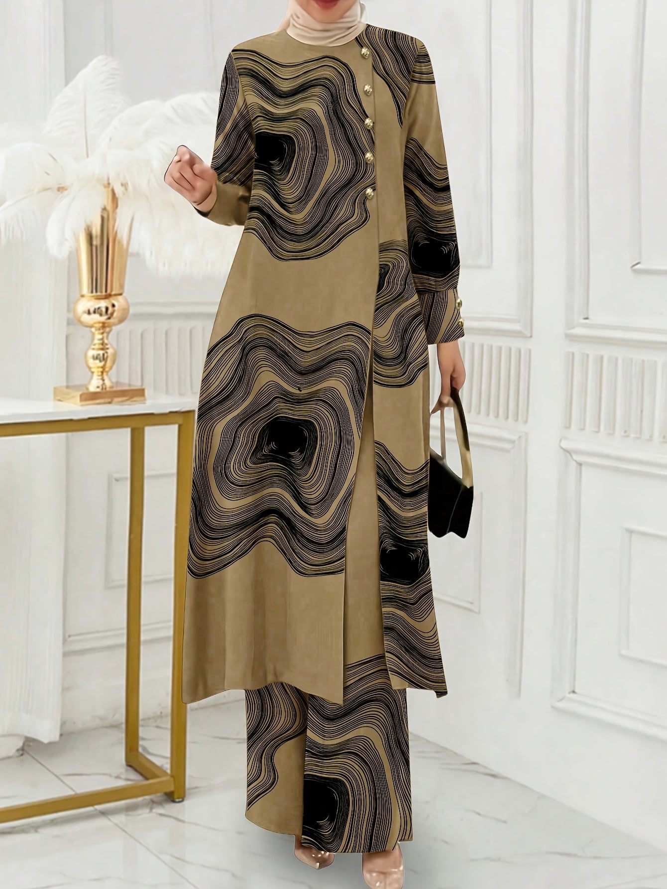 Solid Color Button Design Long Sleeve Top and Pants Set, Arabic Style,/MH