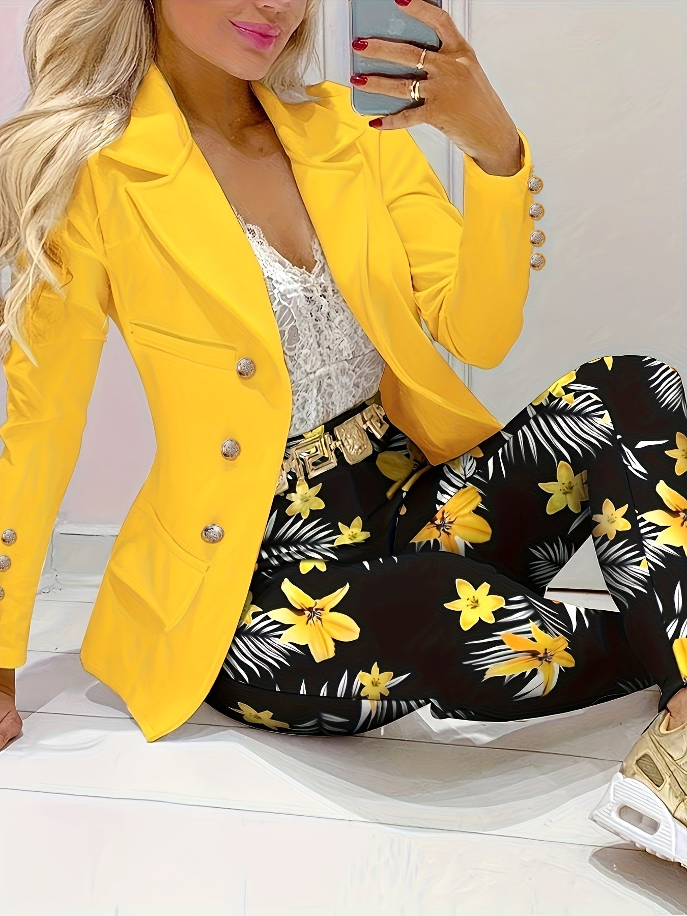 Elegant Floral Print Suit Set, Double-breasted Long Sleeve.