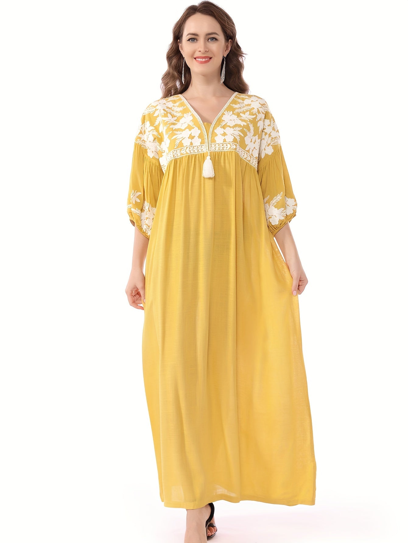 Themed Green Dress with White Floral Embroidery - ./MH