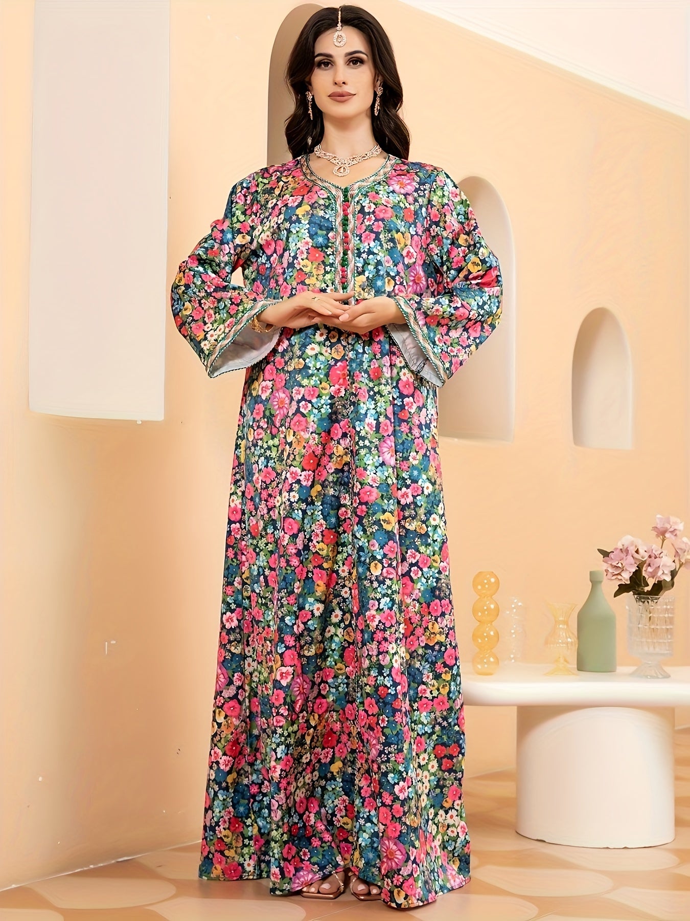 Floral Print V Neck Kaftan, Elegant Long Sleeve Maxi Dress, / MH