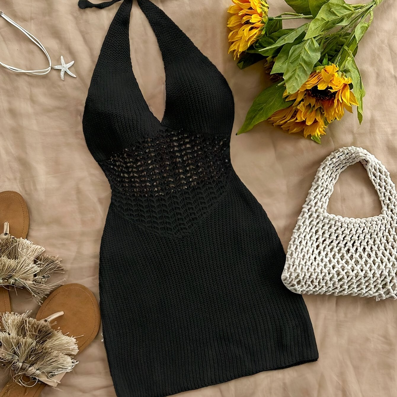 Stylish Vacay Knit Cover Up Dress - Rash Guard Shirts for Women with Halter Tie Neck and Backless Design, Swimwear and Beachwear Clothing for Summer Vacation
