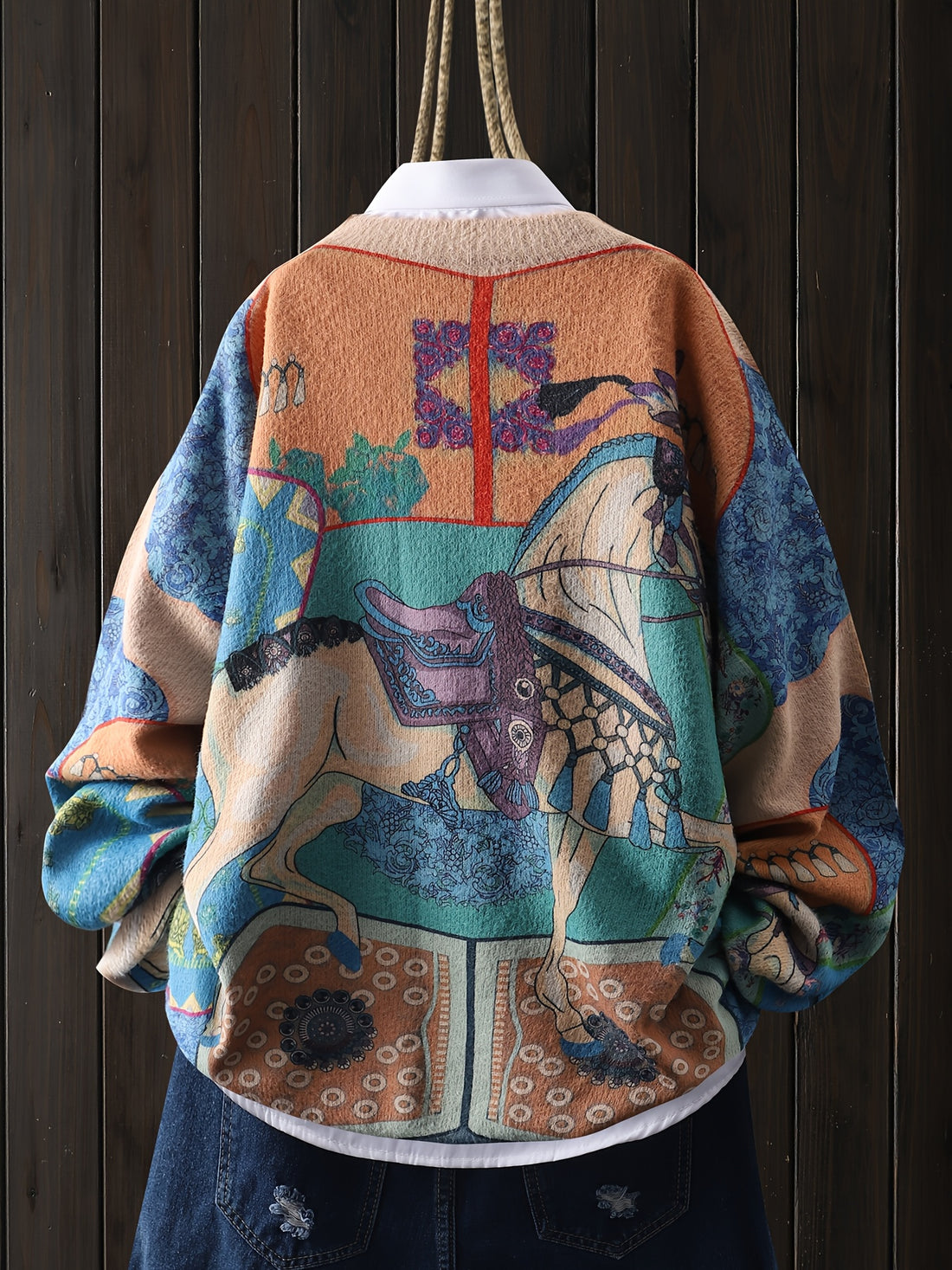 A Cartoon Vintage Animal-Themed Sweater Featuring a Saddle Pattern,
