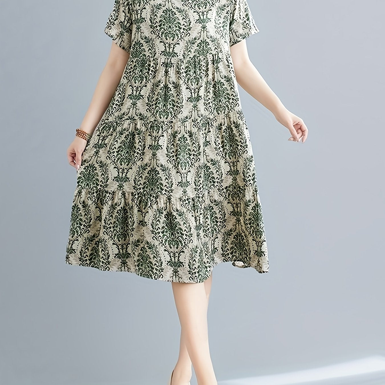 Paisley Print Crew Neck Dress, Casual Short Sleeve Loose Fit Dress./MH